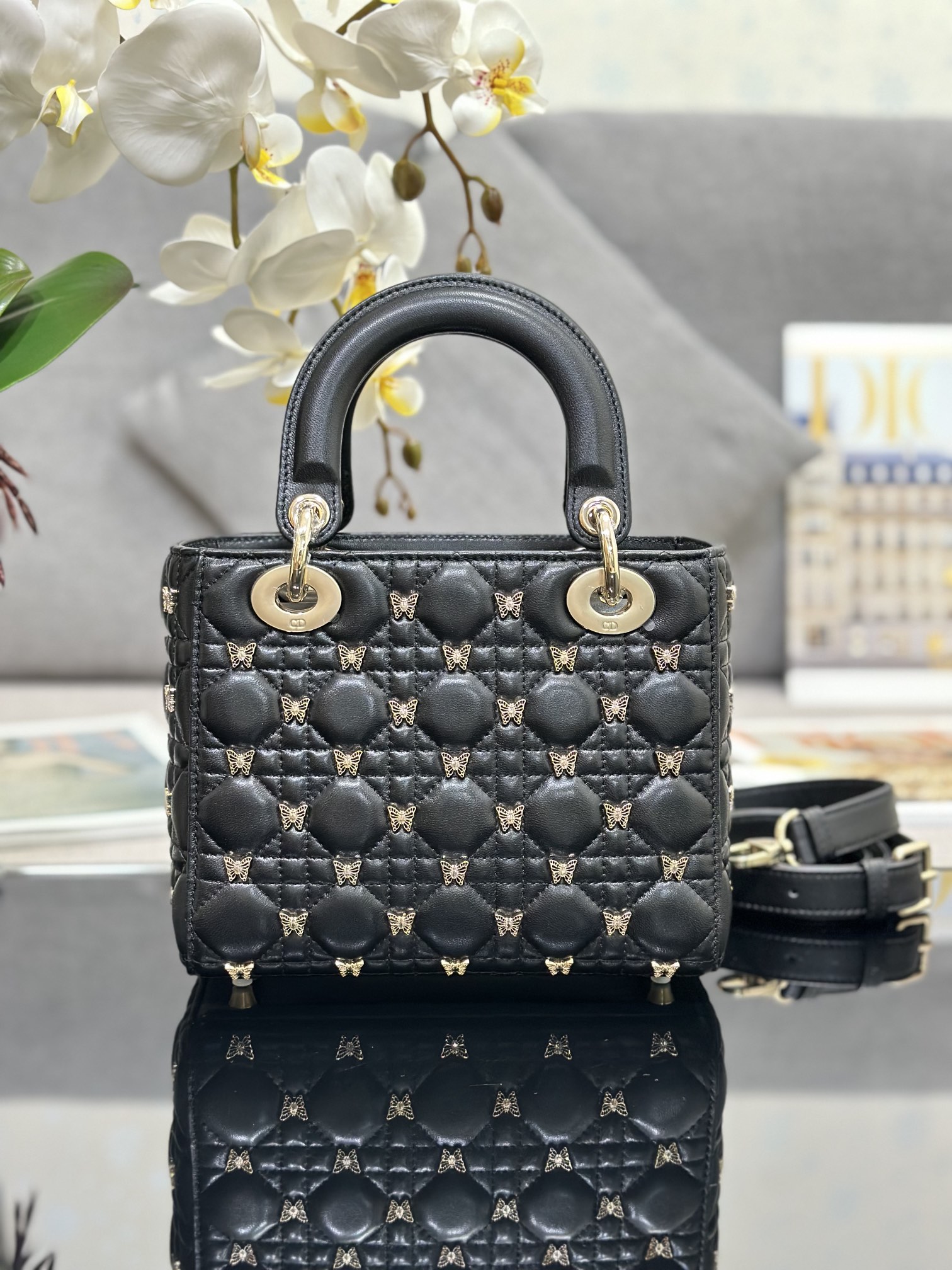 Small Lady Dior Bag Black Lambskin with Butterfly Nail